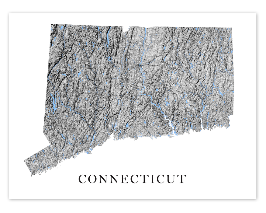Connecticut state map print with a black and white topographic design by Maps As Art.