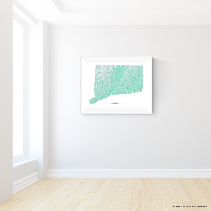 Connecticut state map with natural landscape in aqua tints designed by Maps As Art.