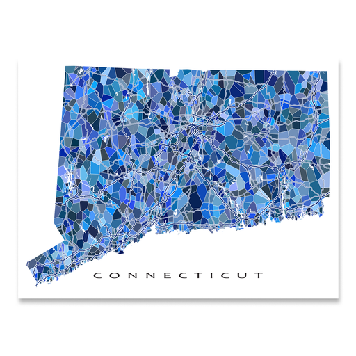 Connecticut state map art print in blue shapes designed by Maps As Art.