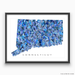 Connecticut state map art print in blue shapes designed by Maps As Art.