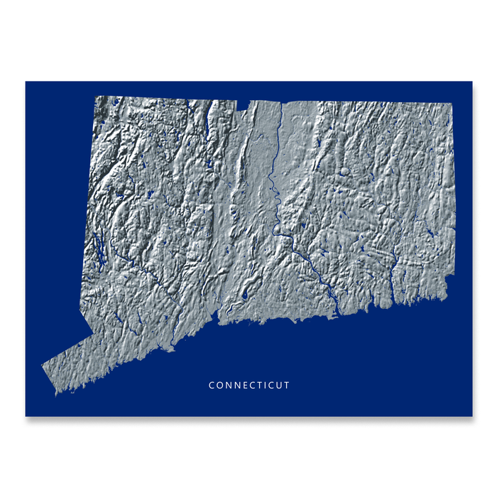 Connecticut state map with natural landscape in greyscale and a navy blue background designed by Maps As Art.