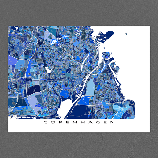 Copenhagen, Denmark map art print in blue shapes designed by Maps As Art.