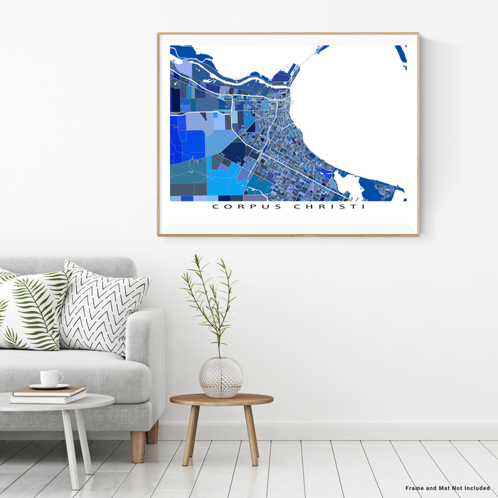 Corpus Christi, Texas map art print in blue shapes designed by Maps As Art.
