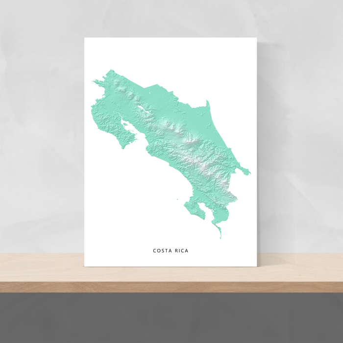 Costa Rica map with natural landscape in aqua tints designed by Maps As Art.