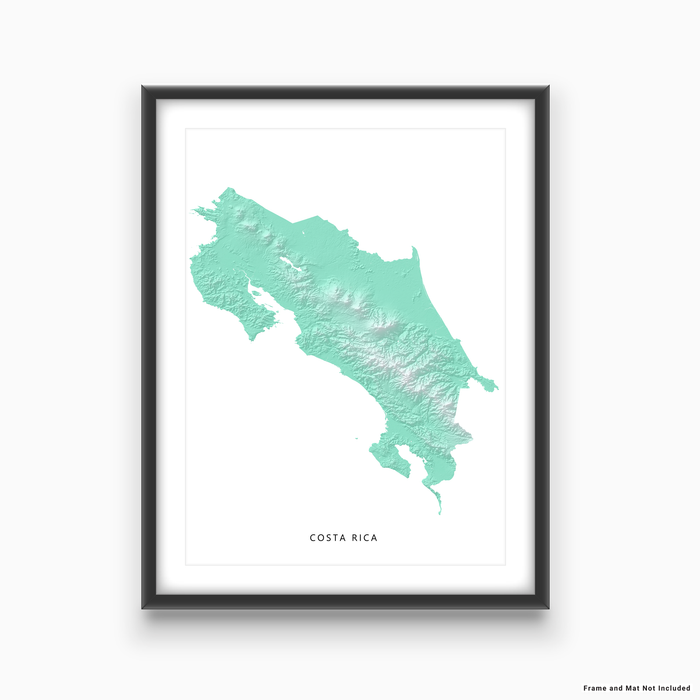 Costa Rica map with natural landscape in aqua tints designed by Maps As Art.