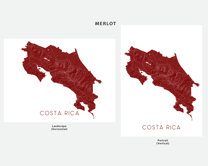 Costa Rica map print in Merlot by Maps As Art.