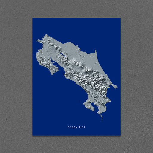 Costa Rica map print with natural landscape in greyscale and a navy blue background designed by Maps As Art.