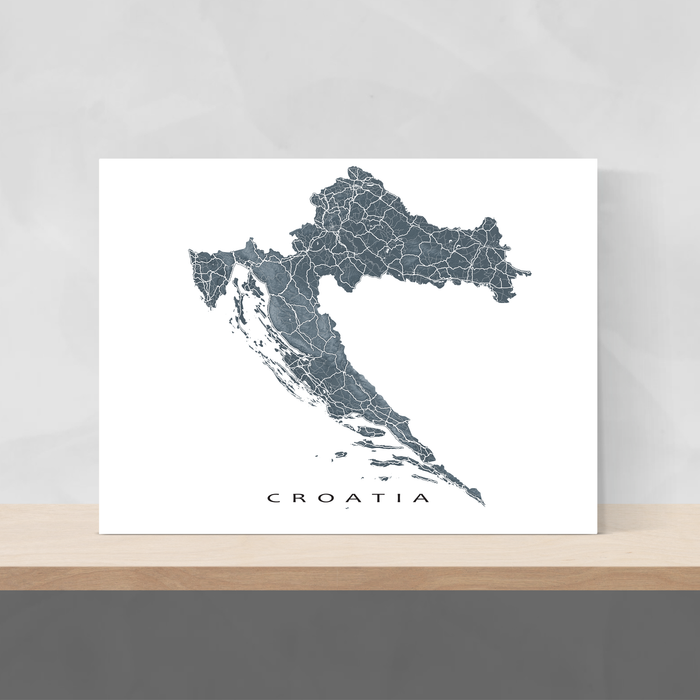 Croatia map print with natural landscape and main roads in Slate designed by Maps As Art.
