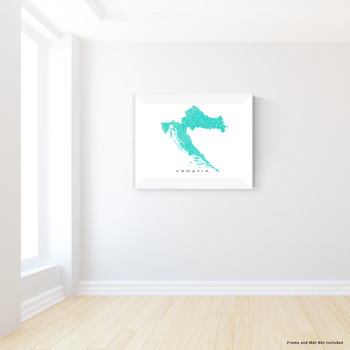 Croatia map print with natural landscape and main roads in Turquoise designed by Maps As Art.