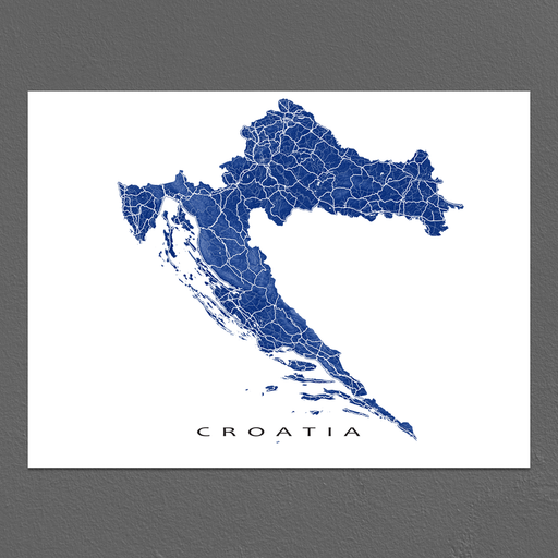 Croatia map print with natural landscape and main roads in Navy designed by Maps As Art.