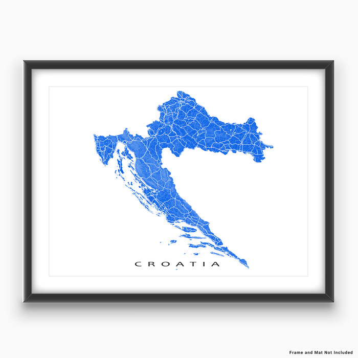 Croatia map print with natural landscape and main roads in Blue designed by Maps As Art.