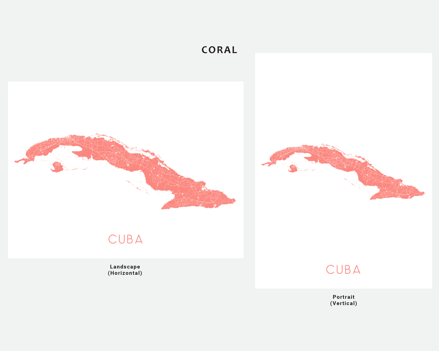 Cuba map art print in Coral by Maps As Art.