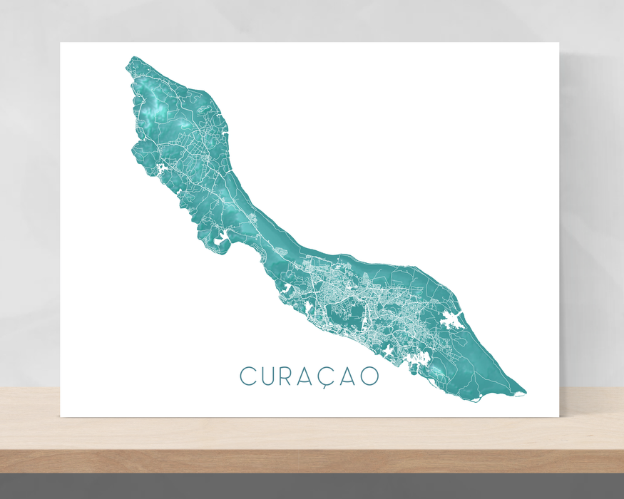Curacao island map print with a turquoise landscape design by Maps As Art.