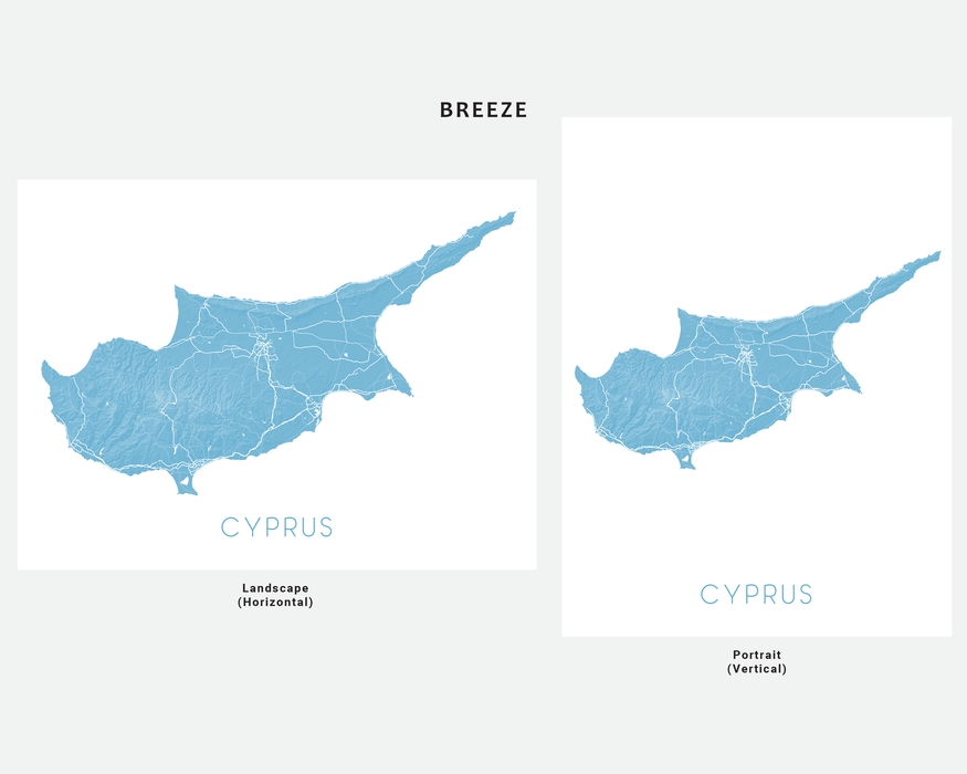 Cyprus map print with  topographic landscape features by Maps As Art.