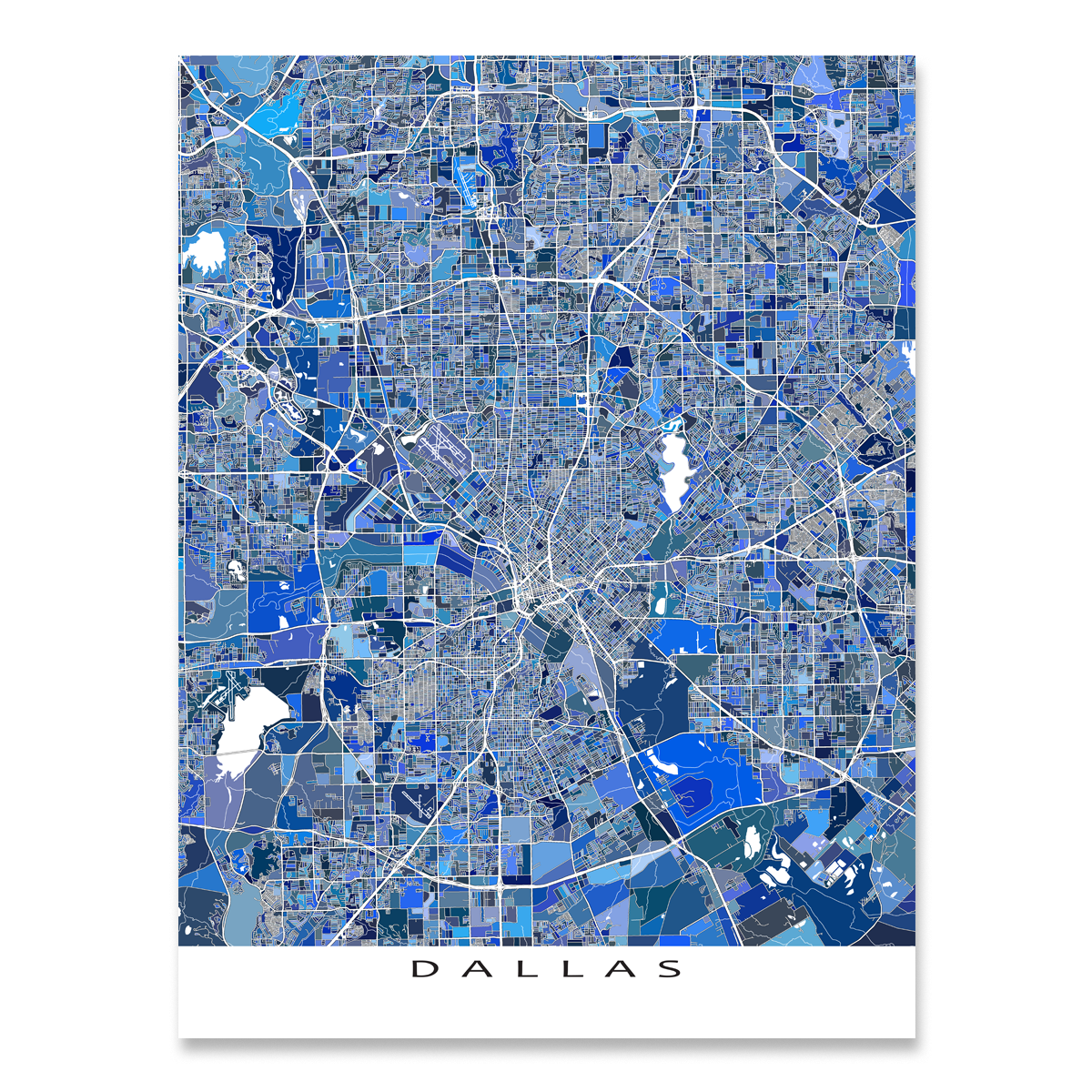 Dallas Simple Color Map Dallas Texas City Blue Geometric Wall Art Map Print Poster — Maps As Art