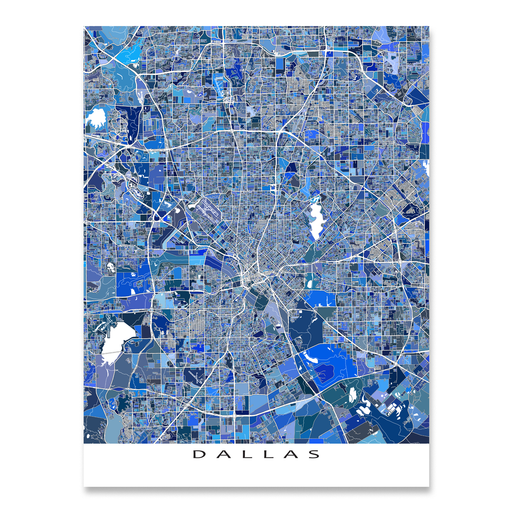 Dallas, Texas map art print in blue shapes designed by Maps As Art.