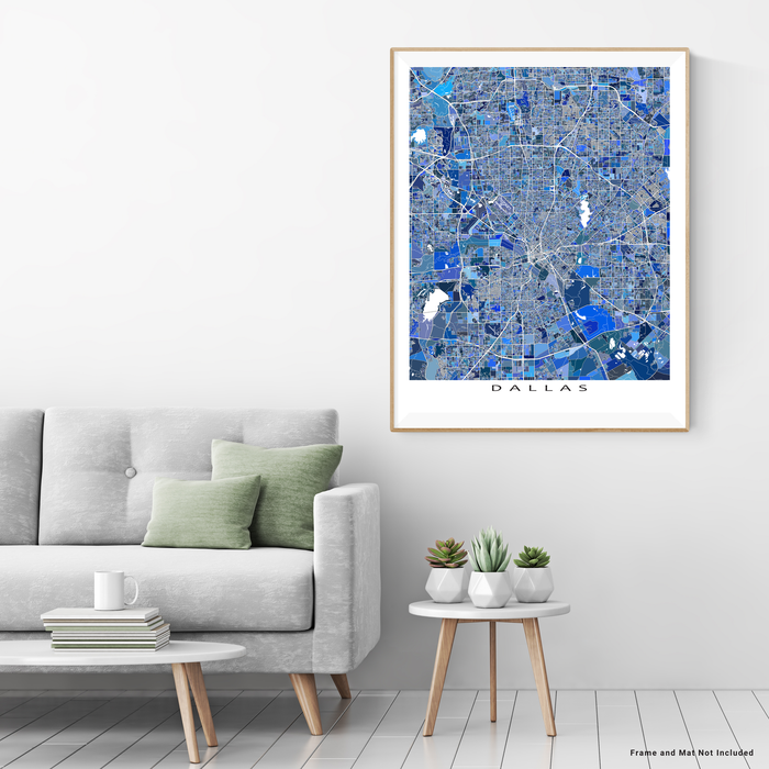 Dallas, Texas map art print in blue shapes designed by Maps As Art.