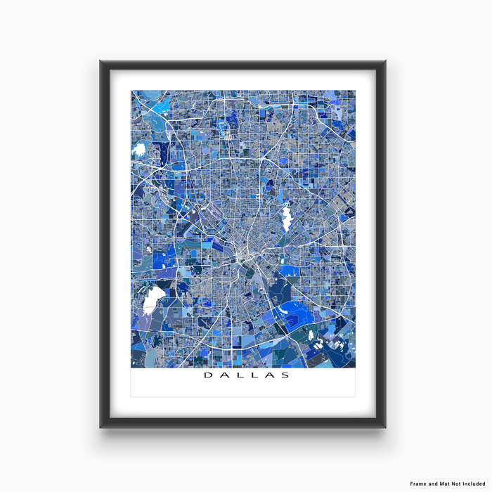 Dallas, Texas map art print in blue shapes designed by Maps As Art.
