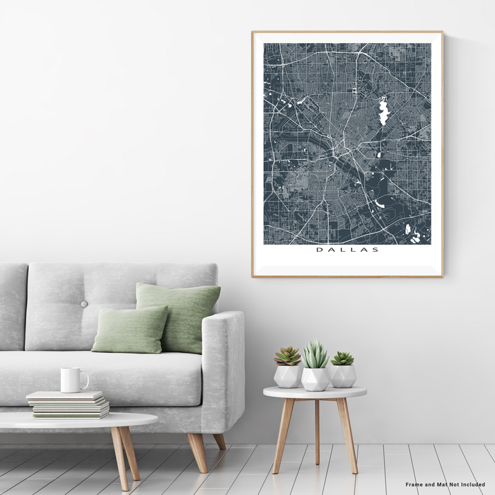 Dallas, Texas map print with city streets and roads in Slate designed by Maps As Art.