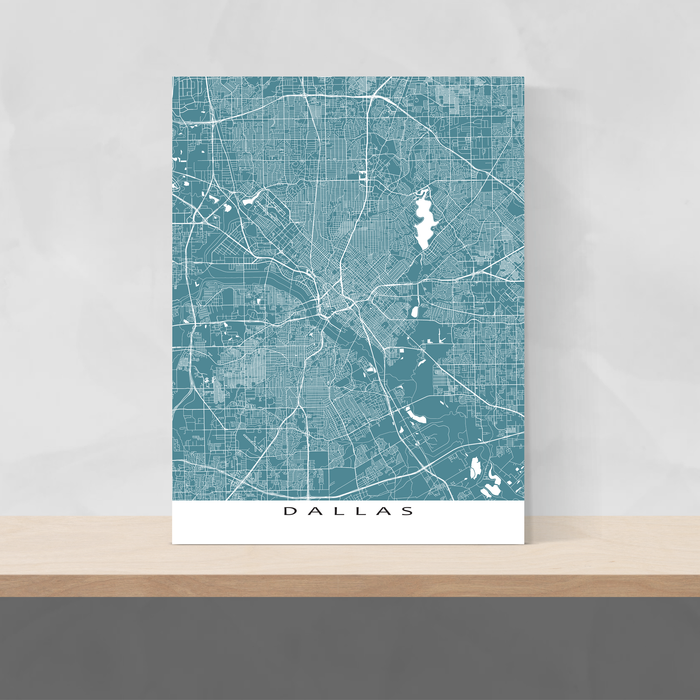 Dallas, Texas map print with city streets and roads in Marine designed by Maps As Art.