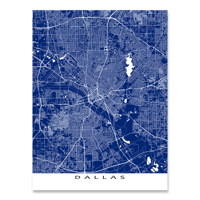 Dallas, Texas map print with city streets and roads in Navy designed by Maps As Art.
