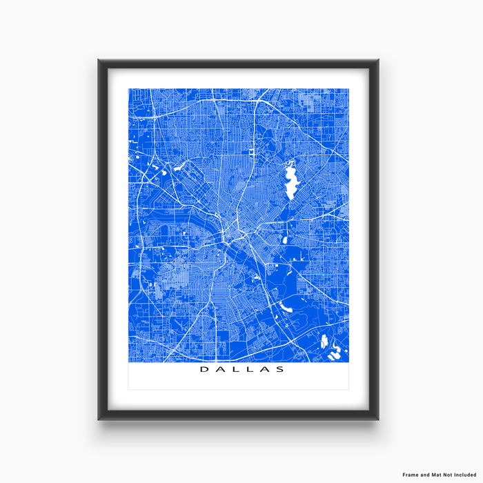 Dallas, Texas map print with city streets and roads in Blue designed by Maps As Art.