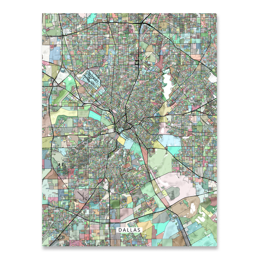 Dallas, Texas map art print in colorful shapes designed by Maps As Art.
