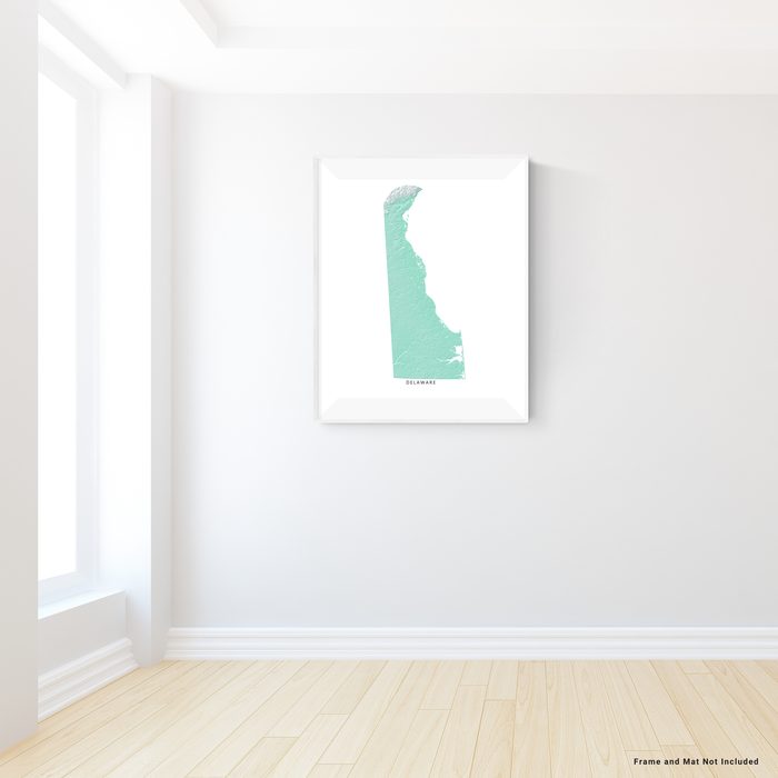 Delaware state map with natural landscape in aqua tints designed by Maps As Art.