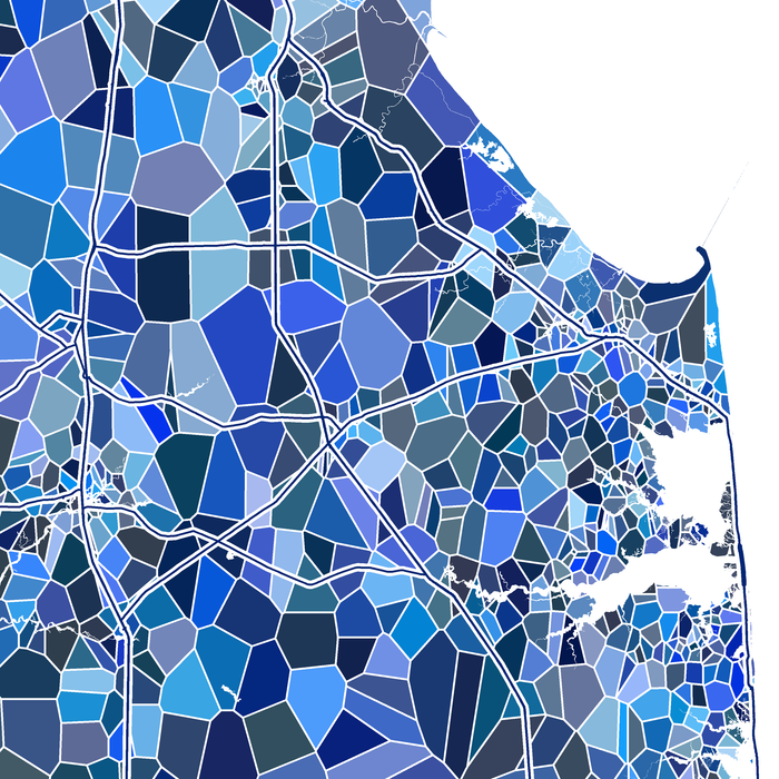 Delaware state map art print in blue shapes designed by Maps As Art.