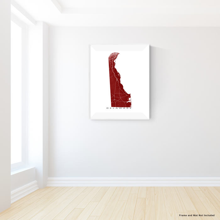 Delaware map print with natural landscape and main roads in Merlot designed by Maps As Art.
