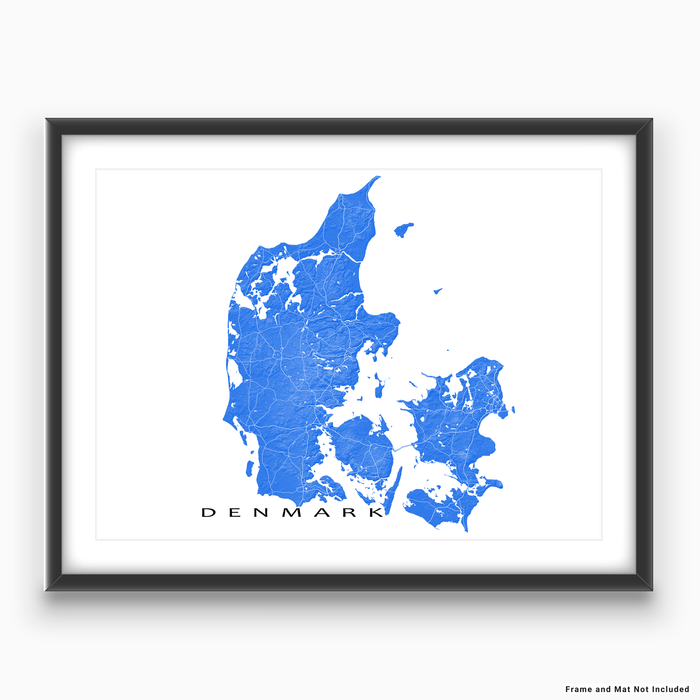 Denmark map with natural landscape in blue from Maps As Art.