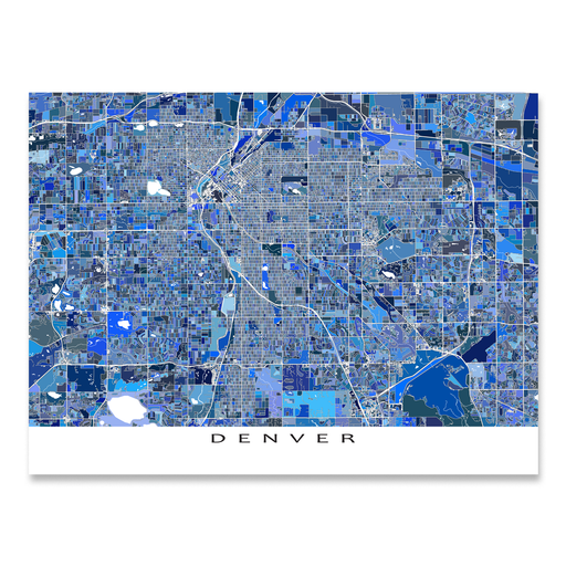 Denver, Colorado map art print in blue shapes designed by Maps As Art.