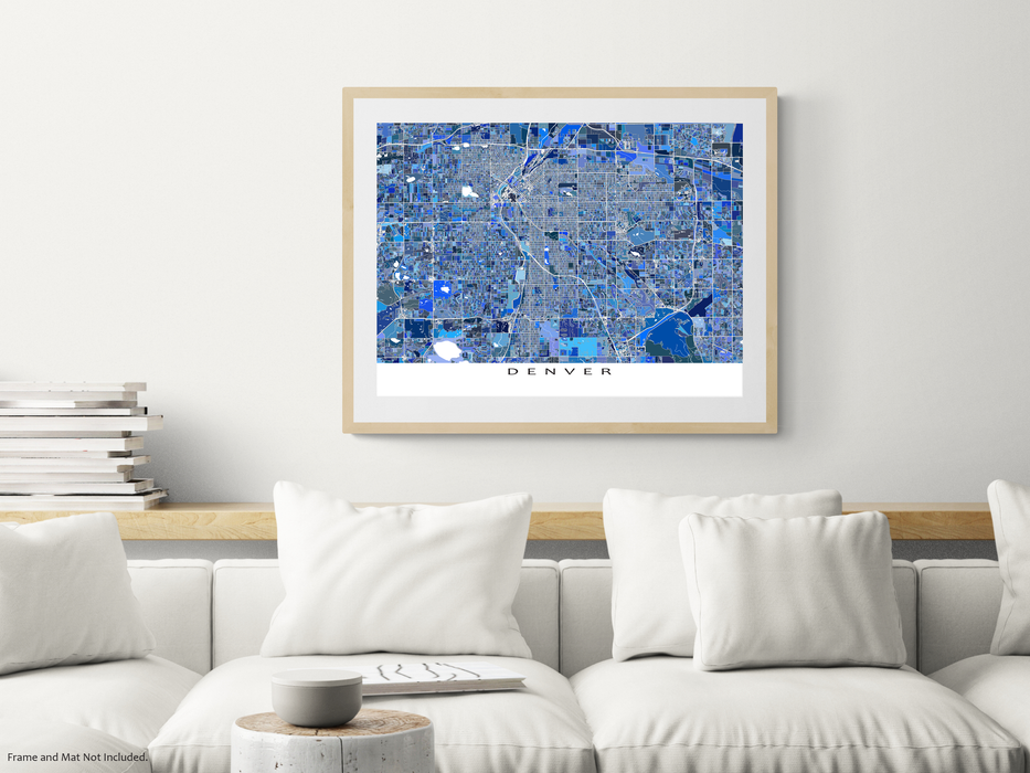 Denver, Colorado map art print in blue shapes designed by Maps As Art.