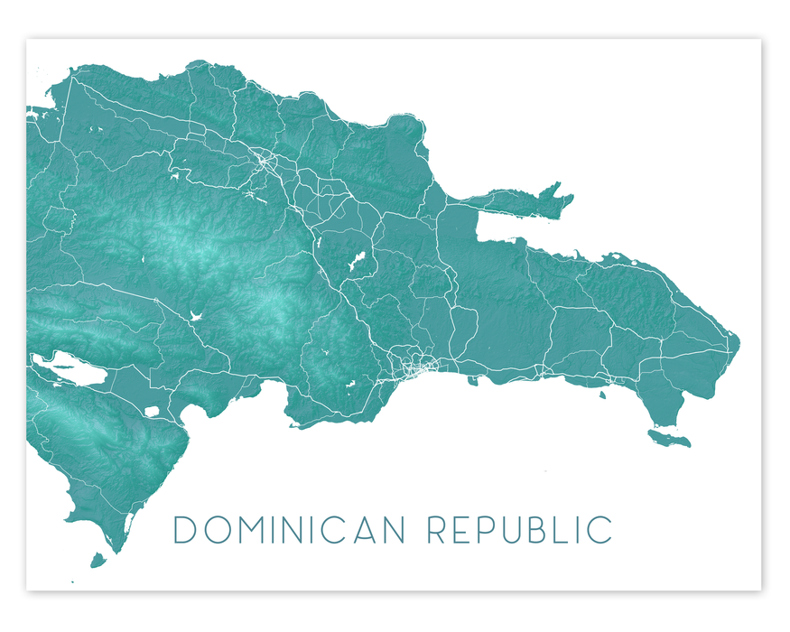 Dominican Republic map print with a turquoise topographic design by Maps As Art.