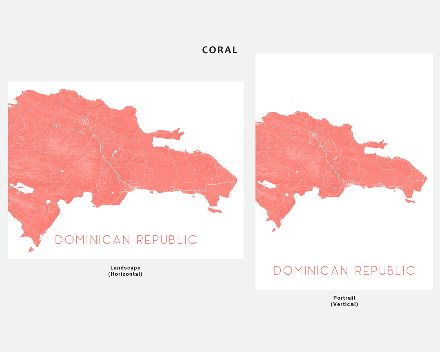 Dominican Republic map print in Coral by Maps As Art.