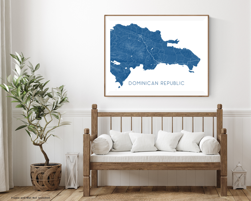 Dominican Republic map print with wooden bench home decor by Maps As Art.