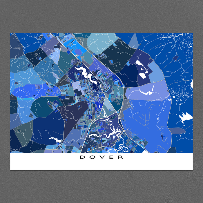 Dover, Delware map art print in blue shapes designed by Maps As Art.