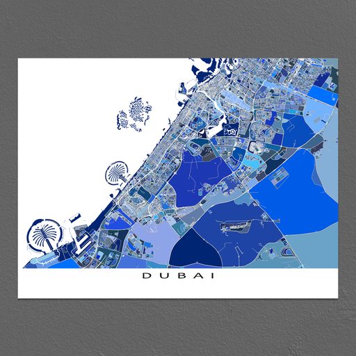Dubai map art print in blue shapes designed by Maps As Art.