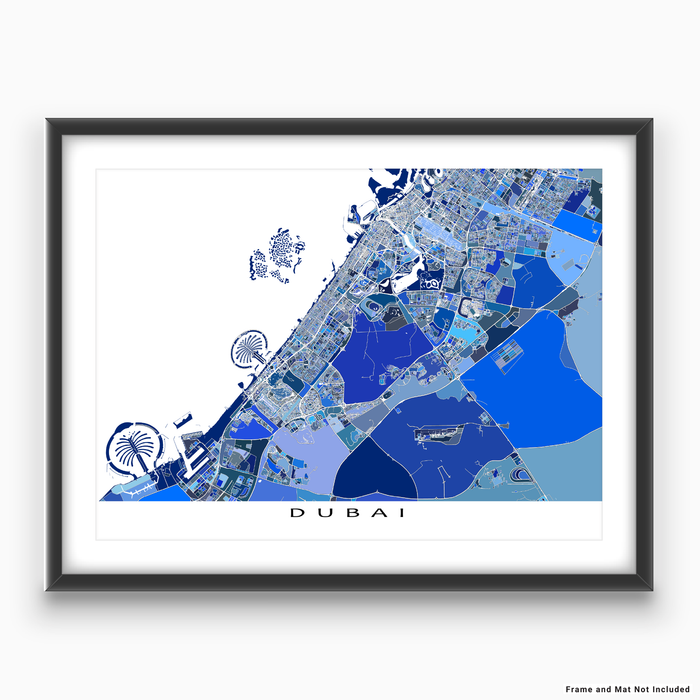Dubai map art print in blue shapes designed by Maps As Art.