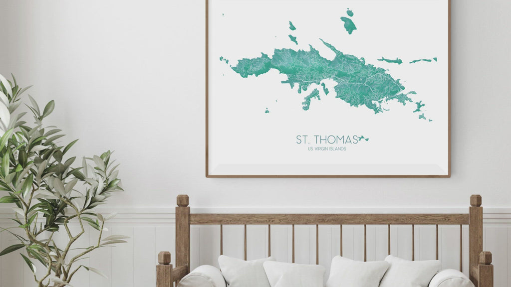 St Thomas USVI map print in turquoise video by Maps As Art.