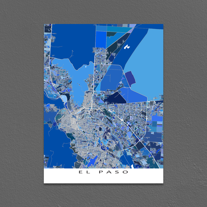 El Paso, Texas map art print in blue shapes designed by Maps As Art.
