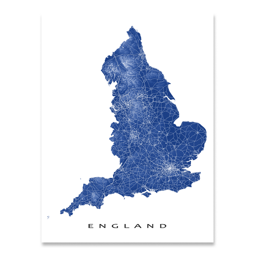 England, United Kingdom map print with natural landscape and main roads in Navy designed by Maps As Art.
