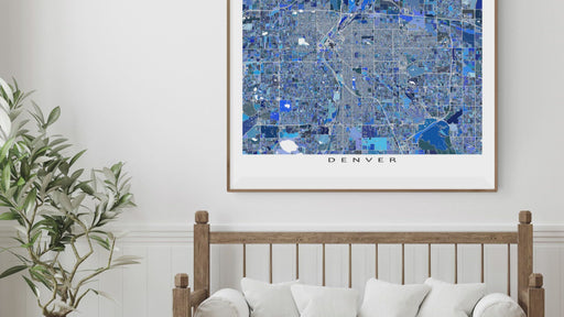 Denver, Colorado map art print in blue shapes video designed by Maps As Art.