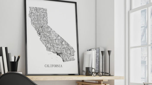 California map print in black and white shapes video by Maps As Art.