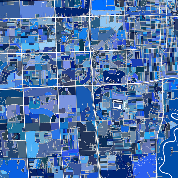 Fargo, North Dakota map art print in blue shapes designed by Maps As Art.