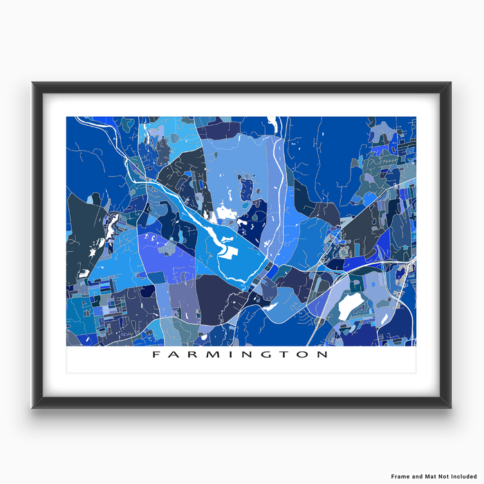 Farmington, Connecticut map art print in blue shapes designed by Maps As Art.