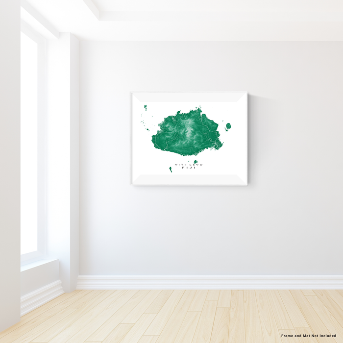 Fiji map print with natural island landscape and main roads in Green designed by Maps As Art.