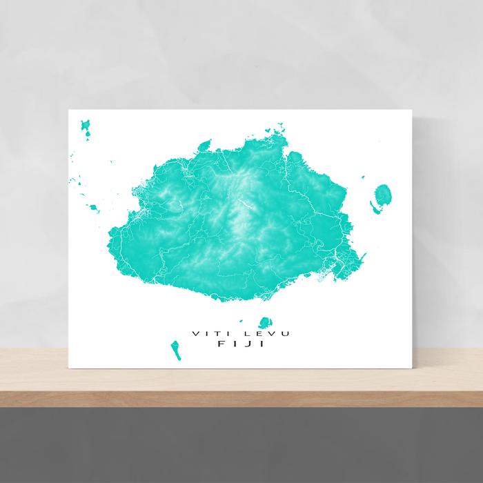 Fiji map print with natural island landscape and main roads in Turquoise designed by Maps As Art.