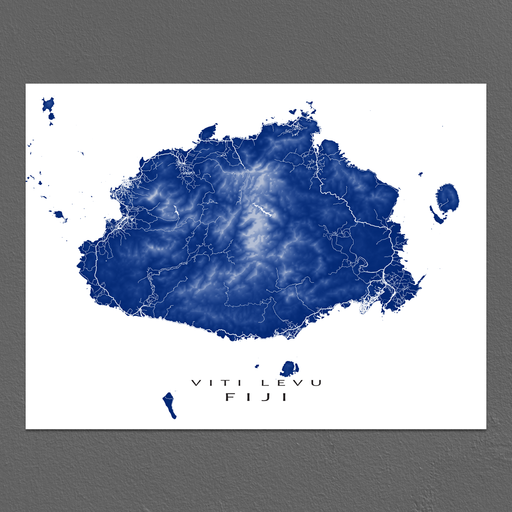 Fiji map print with natural island landscape and main roads in Navy designed by Maps As Art.