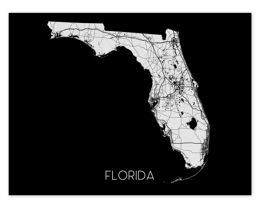 Florida state map print with 3D topographic landscape features, main roads and a colorful background by Maps As Art.